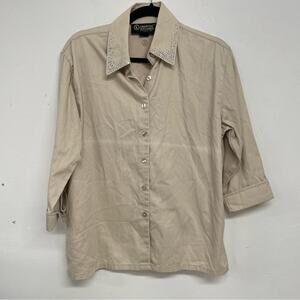 Christine Alexander Tan 3/4 Sleeve Button Up Blouse Bedazzled Womens M Bling